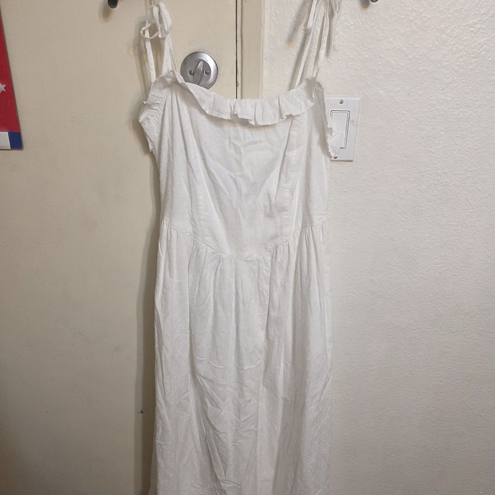 Women's White Midi Dress with Ruffle Neckline